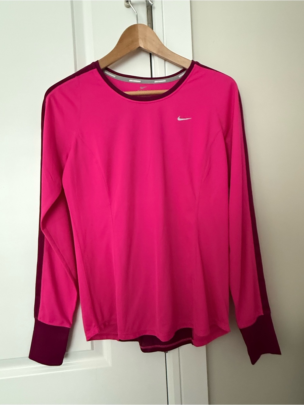 Nike Women's Long-Sleeve Hot Pink Athletic Top with Dark Trim size Medium